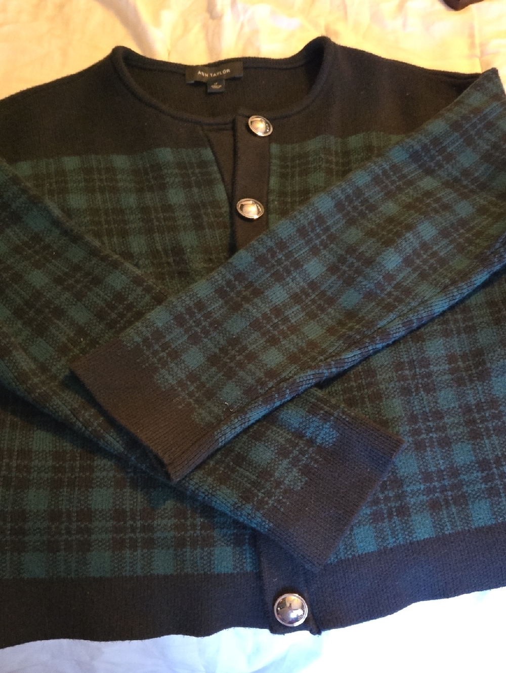 Ann Taylor Black and Teal Plaid Button Cardigan